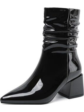 Women's Black Patent Ankle Boot Chunky Block Heel Mid-Calf Booties Slouchy